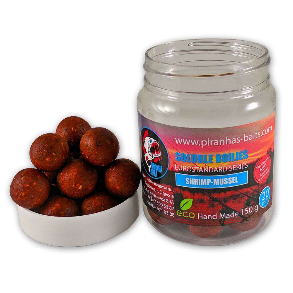 Пылящие насадочные бойлы Piranhas Baits Soluble Boilies Euro Series Shrimp-Mussel 20мм 150г