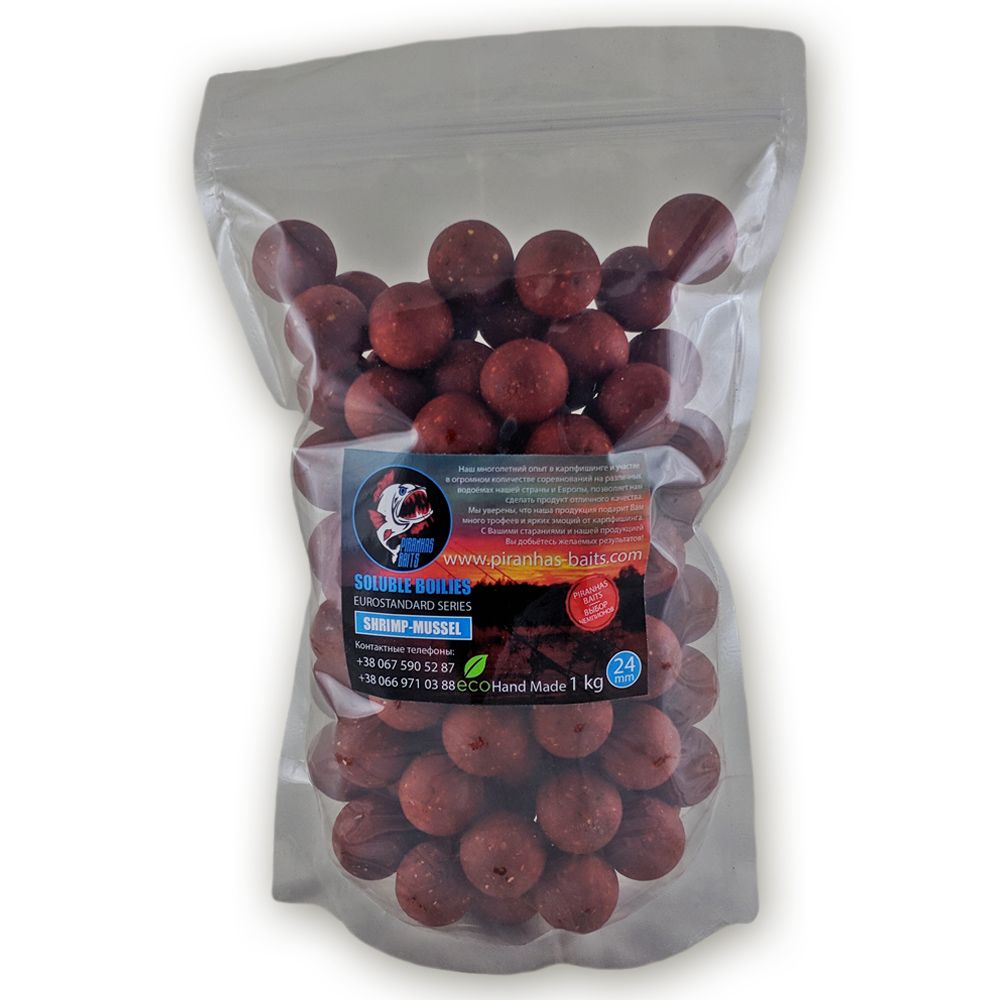 Пылящие бойлы Piranhas Baits Soluble Boilies Euro Series Shrimp-Mussel 24mm 100g