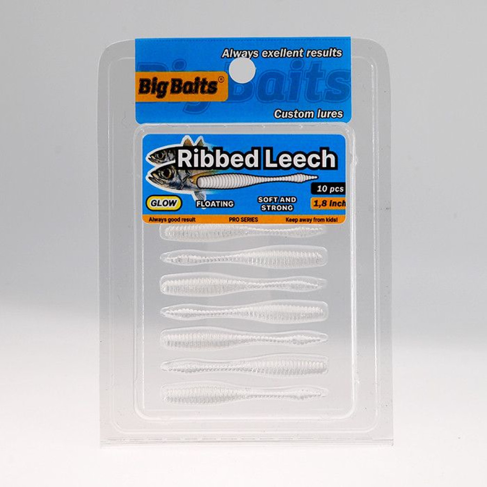 Силикон Big Baits Ribbed Leech 1.8" #010 clear/glow (10шт.)