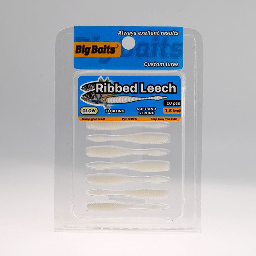 Силикон Big Baits Ribbed Leech 1.8" #011 white/glow (10шт.)