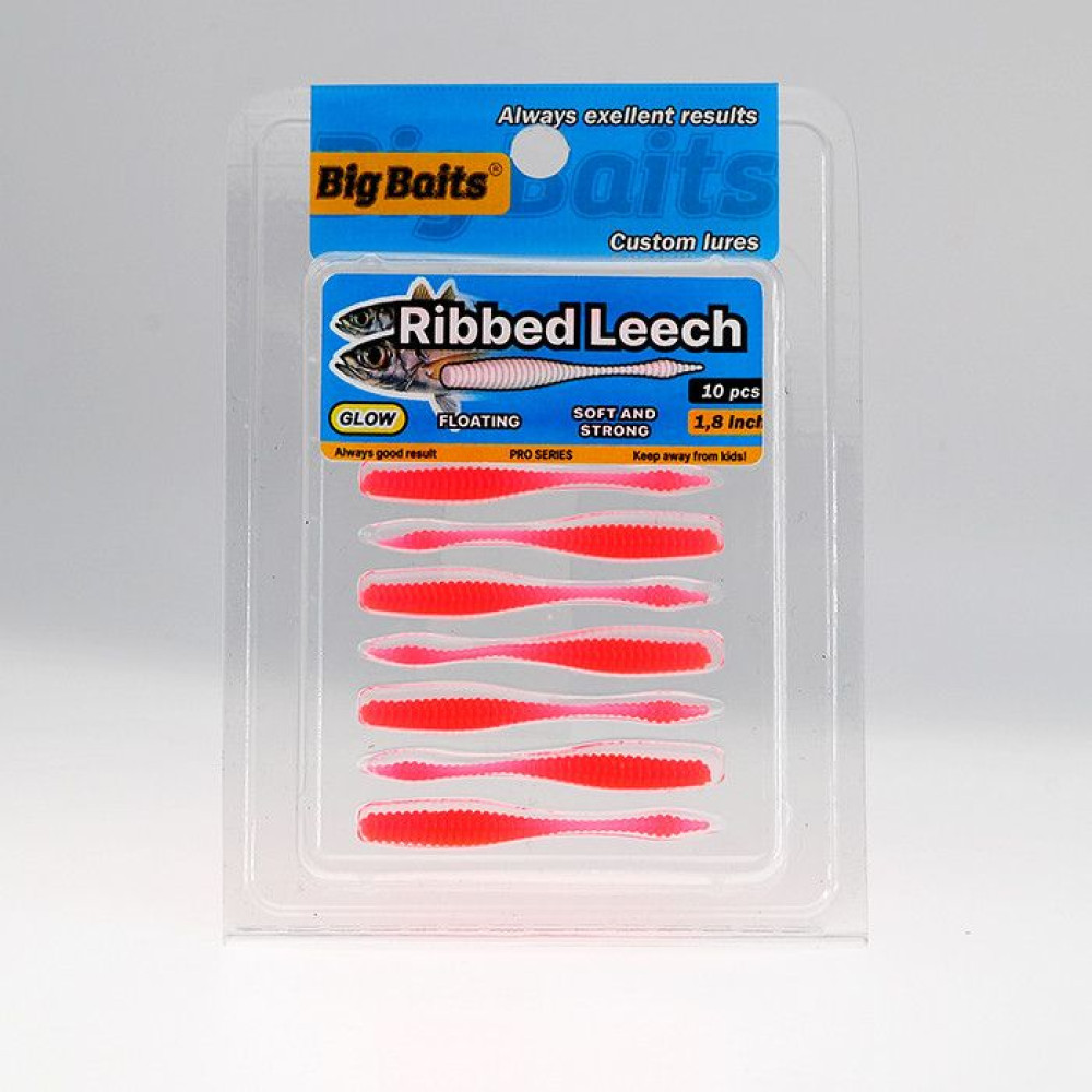Силикон Big Baits Ribbed Leech 1.8" #015 red/glow (10шт.)