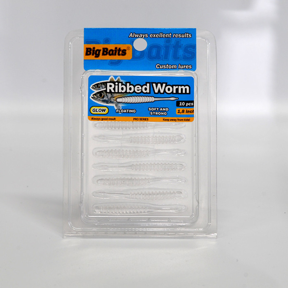 Силикон Big Baits Ribbed Worm Aji 1.8" #010 clear/glow (10шт.)