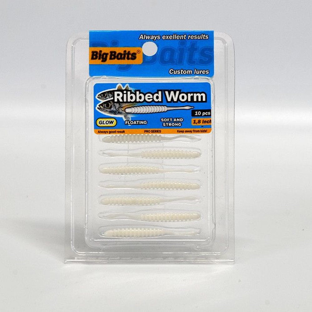 Силикон Big Baits Ribbed Worm Aji 1.8" #011 white/glow (10шт.)