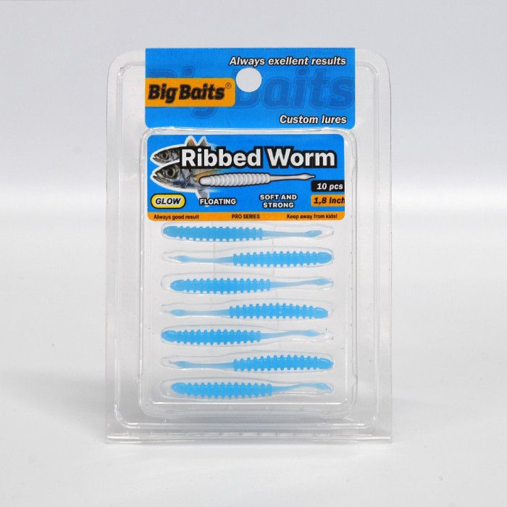 Силикон Big Baits Ribbed Worm Aji 1.8" #012 blue/glow (10шт.)
