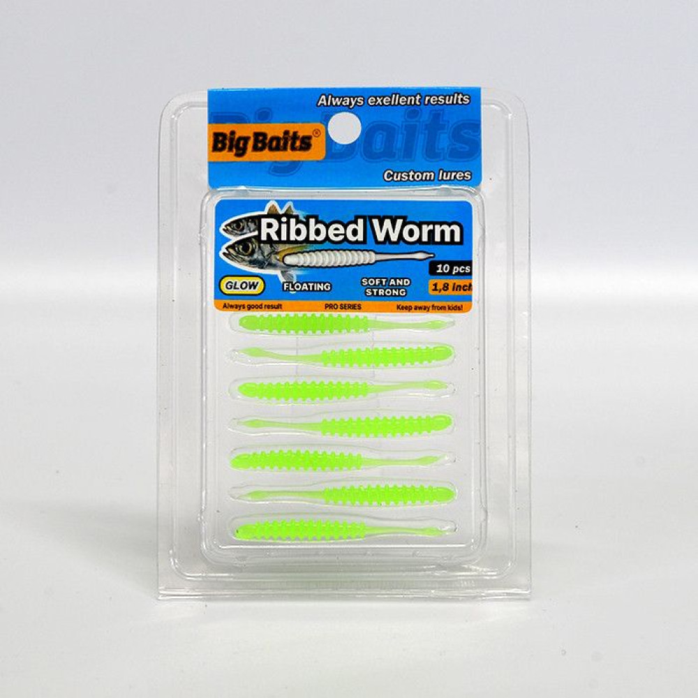 Силикон Big Baits Ribbed Worm Aji 1.8" #014 lime/glow (10шт.)