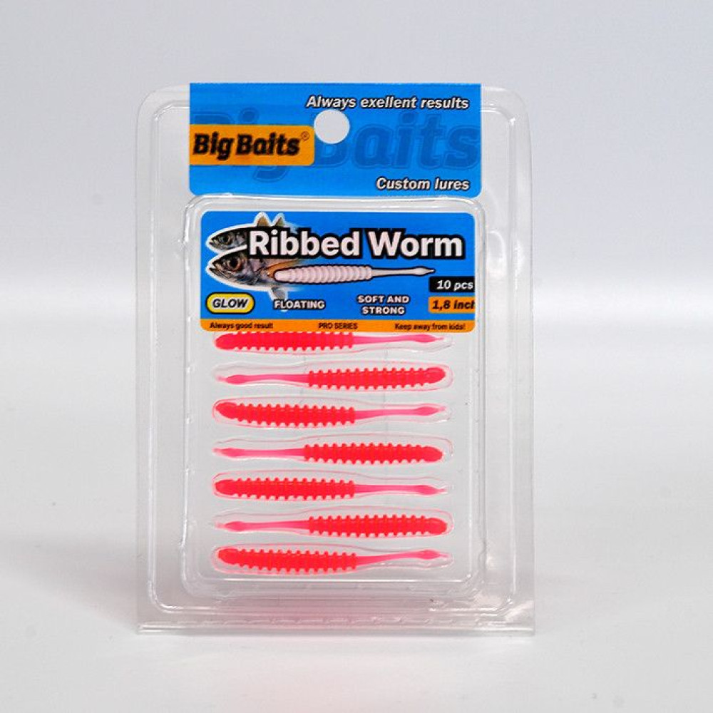 Силикон Big Baits Ribbed Worm Aji 1.8" #015 red/glow (10шт.)