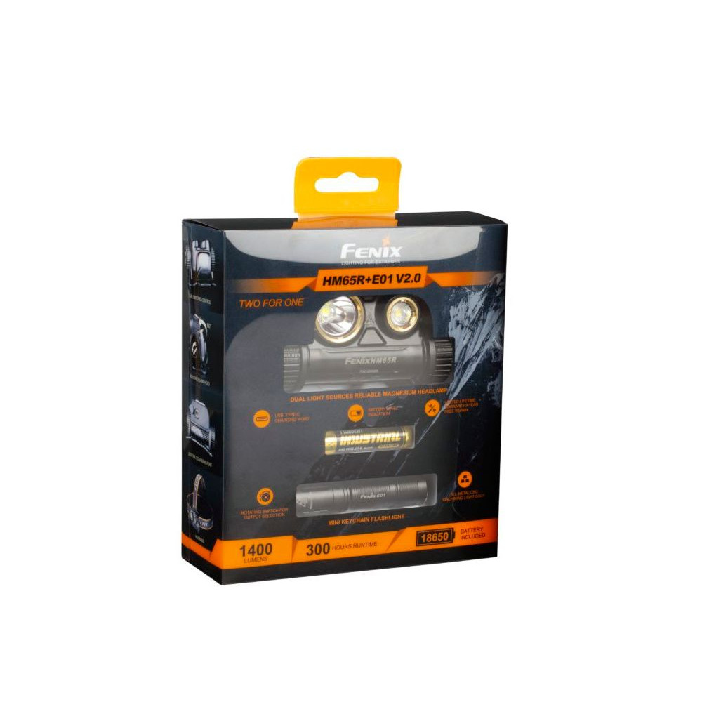 Фонарь налобный Fenix HM65R + фонарь ручной Fenix E01 V2.0 в подарок